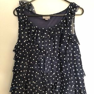 1x ruffled navy polka dot tank